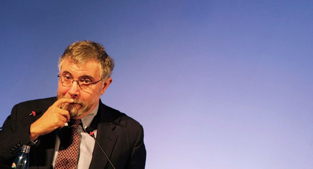 Nobel Prize winning economist Krugman talks to the audience during a conference about the current global crisis, in Sao Paulo